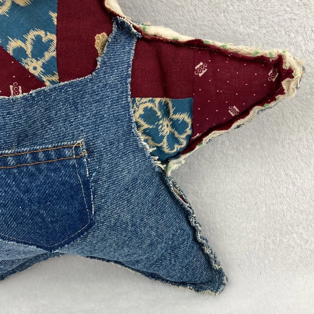 Handcrafted VTG Folkart Rustic Denim Santa Star Pillow Decor 12”